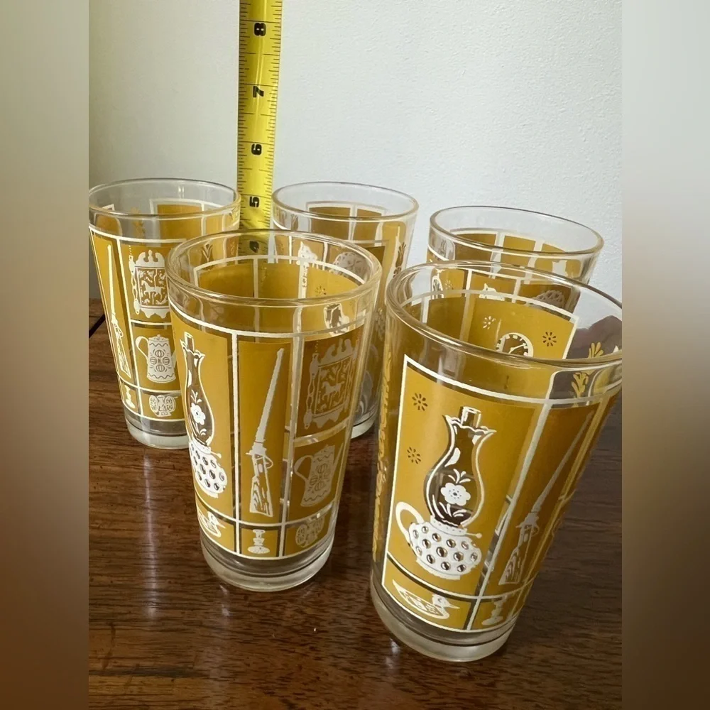 Vintage Lahn Golden Western Glasses, Mid Century, Set of 5, 5.25” Tall aprox